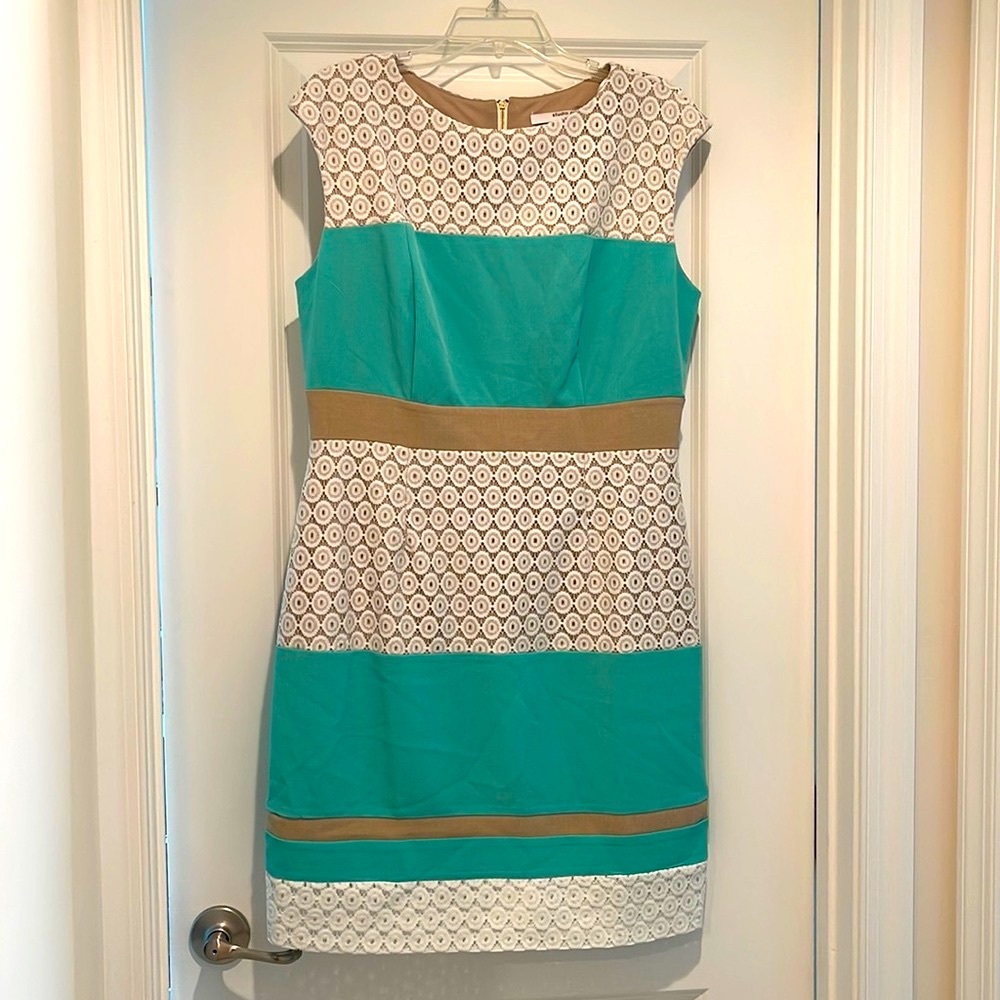 Studio One A-Line Dress. Size 12. Green, cream, tan (multicolor)